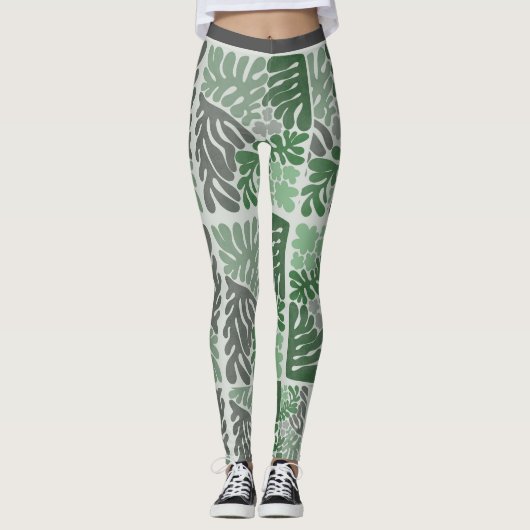 Botanisches Grün & Graues Leaf Leggings (Vorderseite)