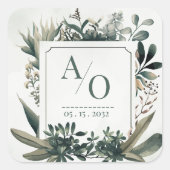 Botanisches Grün Hochzeitsmonogramm Quadratischer Aufkleber (Vorderseite)
