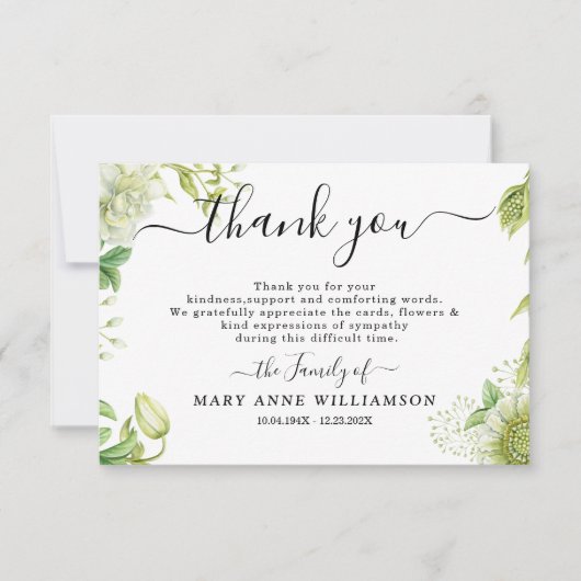 Botanisches Grün Script Beerdigung Danke Karte (Vorderseite)