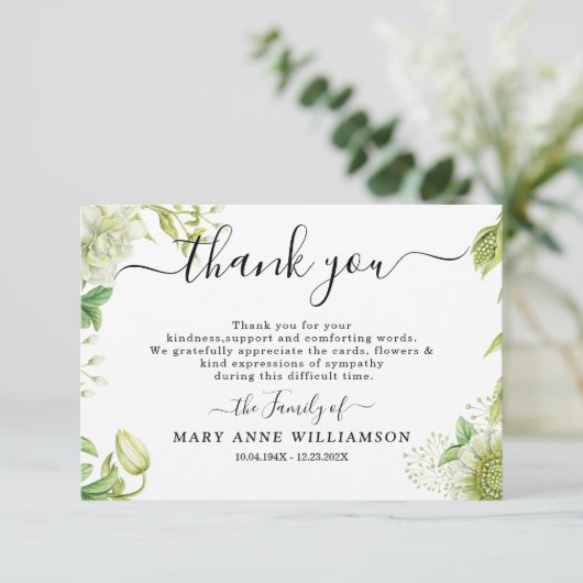 Botanisches Grün Script Beerdigung Danke Karte (Stehend Vorderseite)