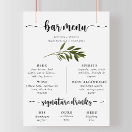 Botanisches grünes Blätter Hochzeitmenü Bar Poster
