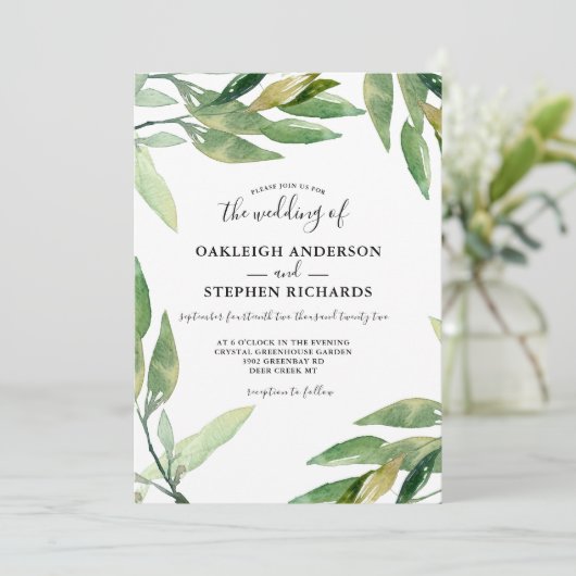 Botanisches Grünes Blätter Wasserfarbenhochzeit Einladung (Stehend Vorderseite)