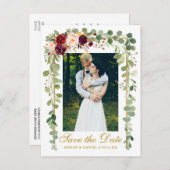 Botanisches Grünes Burgund Save the Date Gold Ankündigungspostkarte (Vorne/Hinten)