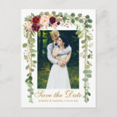 Botanisches Grünes Burgund Save the Date Gold Ankündigungspostkarte (Vorderseite)