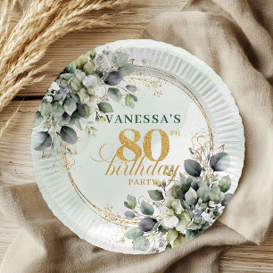 Botanisches grünes Gold Eukalyptus 80. Geburtstag  Pappteller