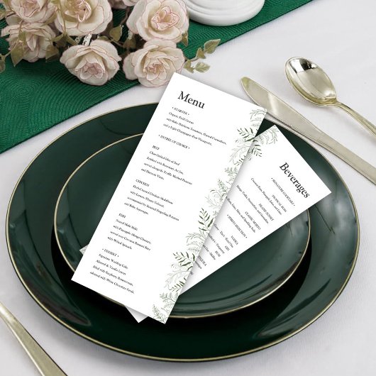 Botanisches Grünes Hochzeitsmenü mit Getränken