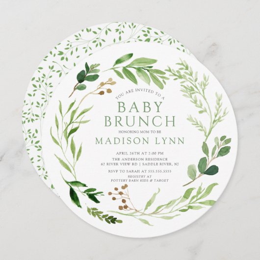 Botanisches grünes Leaf Baby Brunch Einladung (Vorne/Hinten)