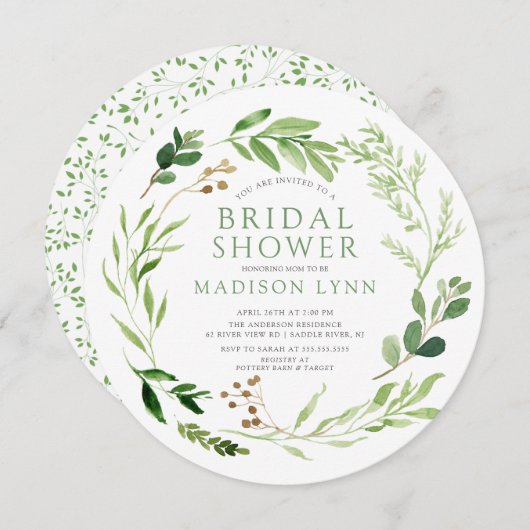 Botanisches grünes Leaf Bridal Dusche Einladung (Vorne/Hinten)
