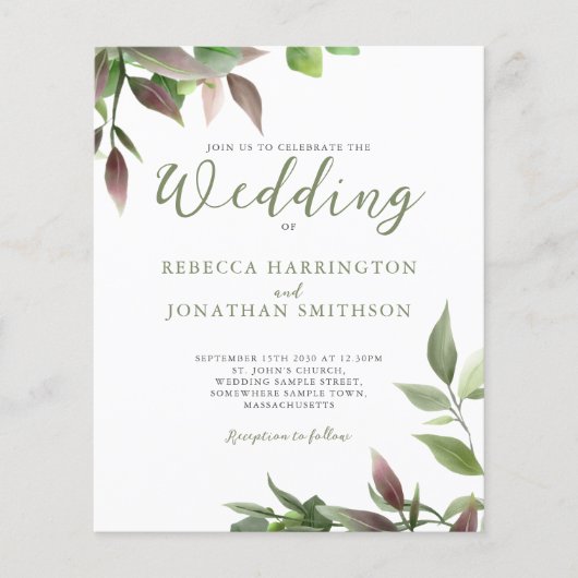 Botanisches grünes Leaf-Budget Einladung zur Hochz (Vorderseite)