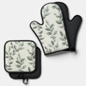 Botanisches Grünes Leaf Muster Küche Ofenhandschuh & Topflappen-Set (Vorderseite/Rückseite)