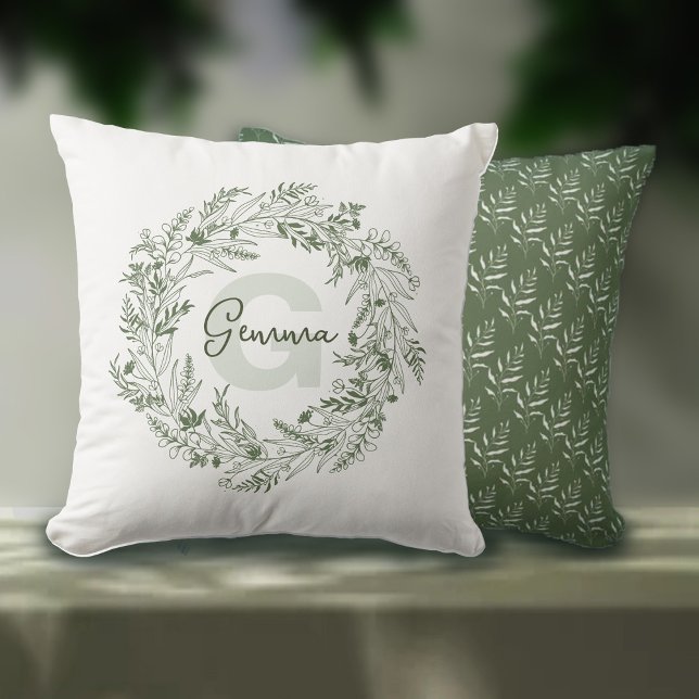 Botanisches grünes Monogramm G Design Kissen (Von Creator hochgeladen)