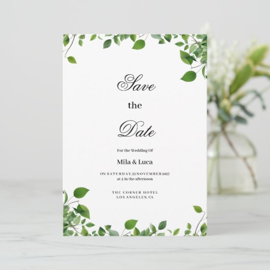 Botanisches Grünpflanzen Save the Date Einladung (Stehend Vorderseite)