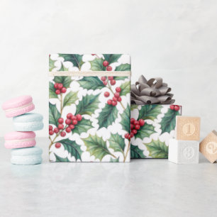 Botanisches Grünzeug Stechpalme und Kirschen Feier Geschenkpapier