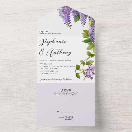Botanisches Hängen Lila Wisteria Wedding All In One Einladung (Innen Boden)