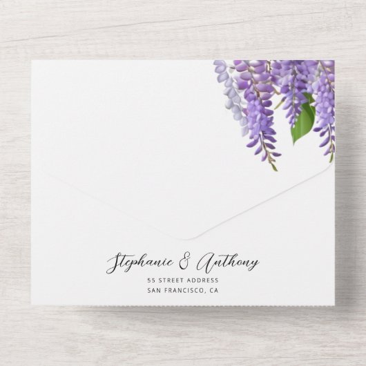 Botanisches Hängen Lila Wisteria Wedding All In One Einladung (Rückseite)