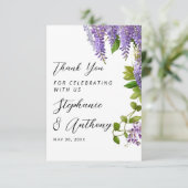 Botanisches Hängen Lila Wisteria Wedding Dankeskarte (Stehend Vorderseite)