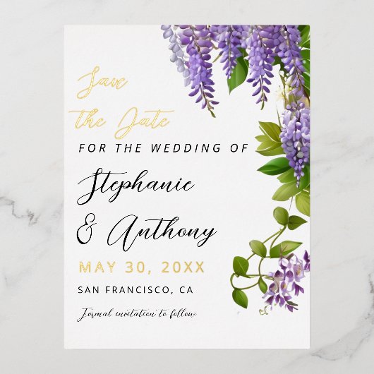 Botanisches Hängen Lila Wisteria Wedding Folie Einladungspostkarte (Vorderseite)