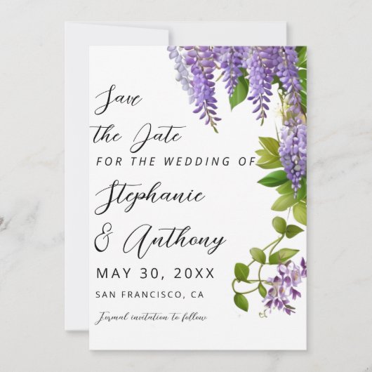 Botanisches Hängen Lila Wisteria Wedding Save The Date (Vorderseite)