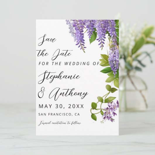 Botanisches Hängen Lila Wisteria Wedding Save The Date (Stehend Vorderseite)