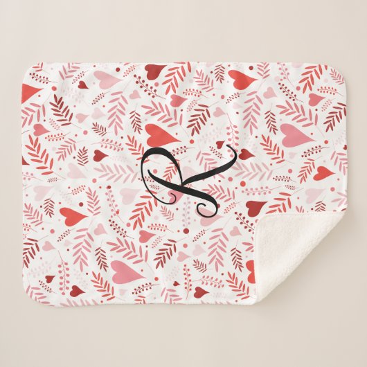 Botanisches Herz Rosa Stilvolles Muster Monogramm Sherpadecke (Vorderseite (Horizontal))