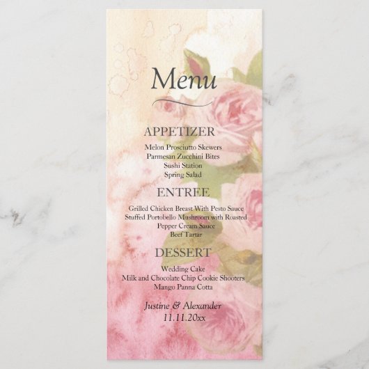 Botanisches Hochzeitsmenü der Rose Blush Menükarte (Vorderseite)