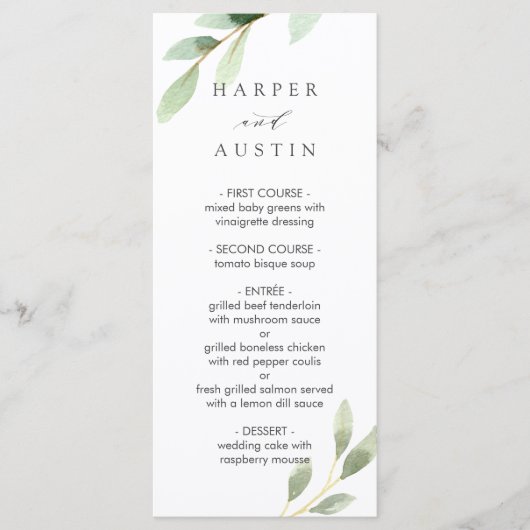 Botanisches Hochzeitsmenü in grünen Blättern Menükarte (Vorderseite)