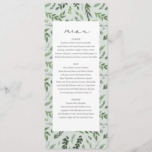 Botanisches Hochzeitsmenü mit Blattwerk Menükarte (Vorderseite)