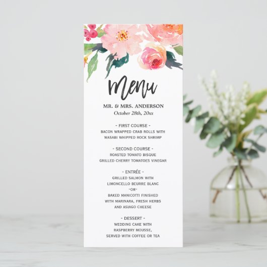 Botanisches Hochzeitsmenü mit modernen Wasserfarbe Menükarte (Stehend Vorderseite)