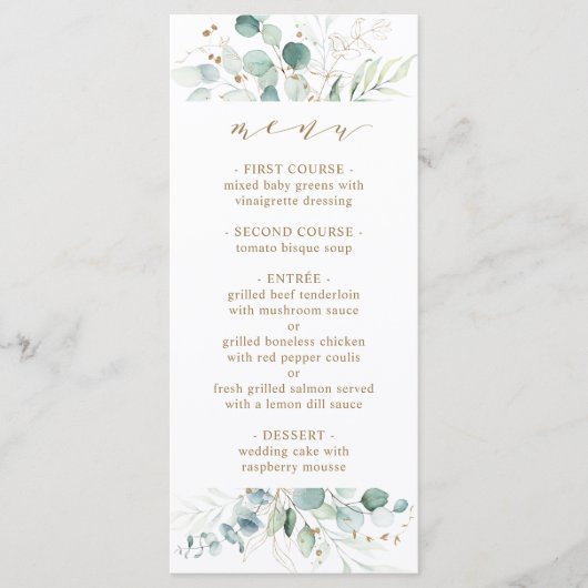 Botanisches Hochzeitsmenü von Gold und Green Menükarte (Vorderseite)