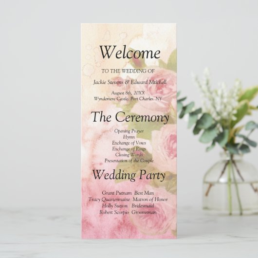 Botanisches Hochzeitsprogramm der Blush-Rose (Stehend Vorderseite)