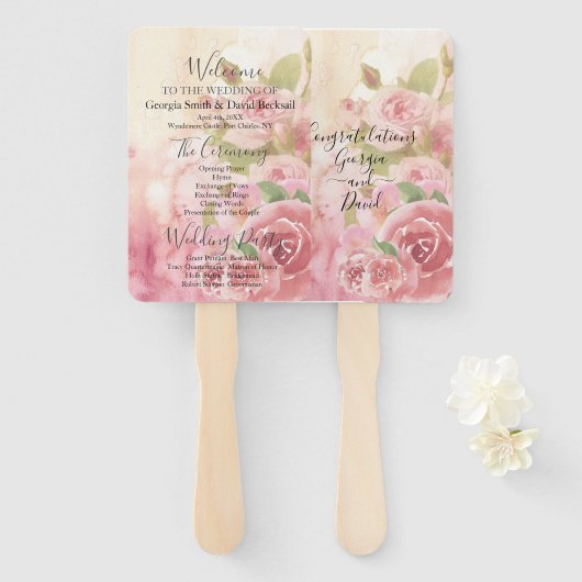 Botanisches Hochzeitsprogramm der Blush-Rose Fächer (Vorne und Hinten)