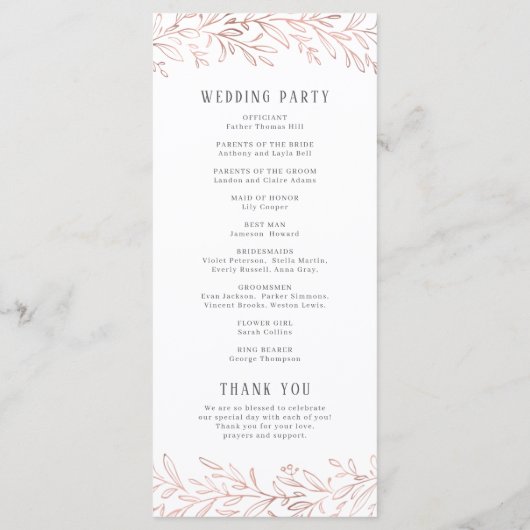 Botanisches Hochzeitsprogramm der Rose Menükarte (Rückseite)