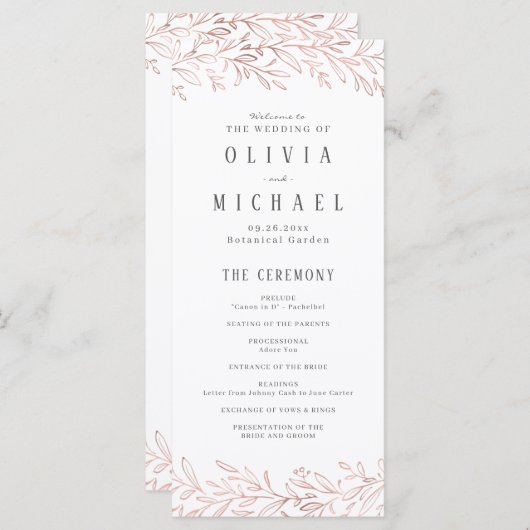 Botanisches Hochzeitsprogramm der Rose Menükarte (Vorne/Hinten)