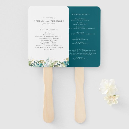 Botanisches Hochzeitsprogramm für aquamarine Wasse Fächer (Vorne und Hinten)