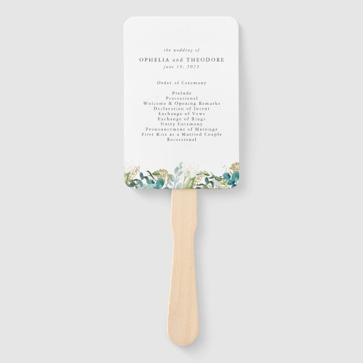 Botanisches Hochzeitsprogramm für aquamarine Wasse Fächer (Vorderseite)