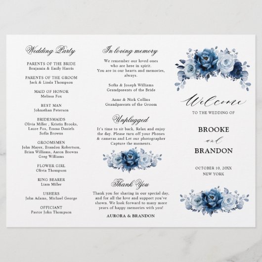 Botanisches Hochzeitsprogramm für die Blauschiefer (Vorderseite)