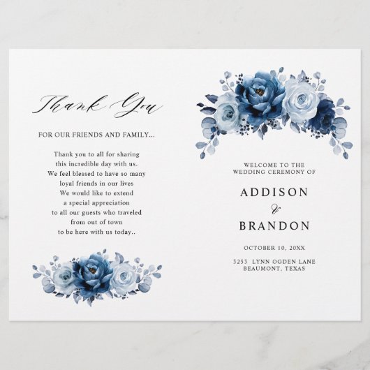Botanisches Hochzeitsprogramm für die Blauschiefer (Vorderseite)