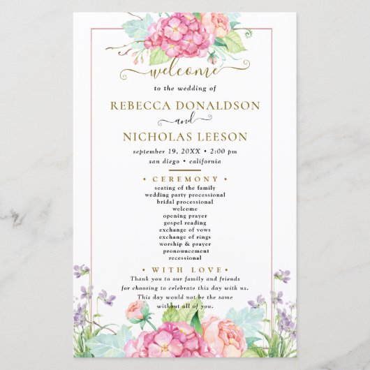 Botanisches Hochzeitsprogramm für elegante Niedlic (Vorderseite)