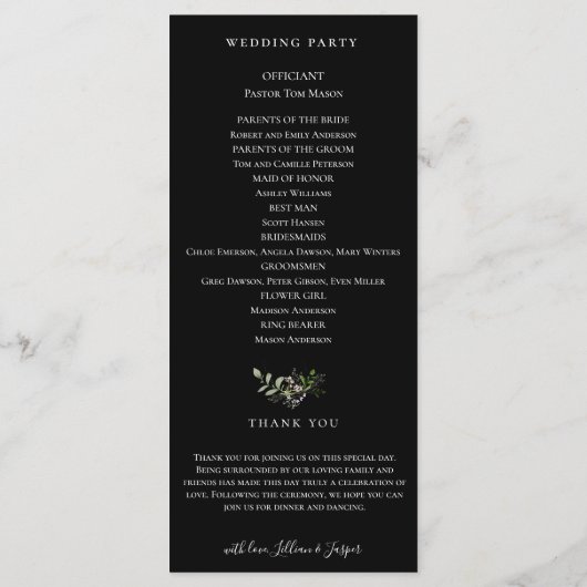 Botanisches Hochzeitsprogramm für Elegante Wildblu Programm (Rückseite)