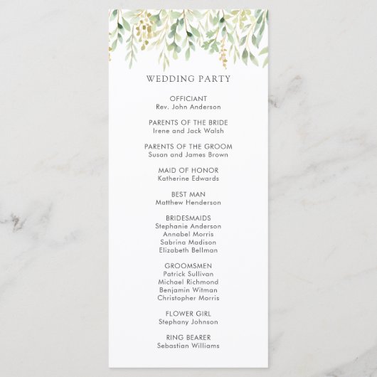 Botanisches Hochzeitsprogramm für Grünfolien Programm (Rückseite)