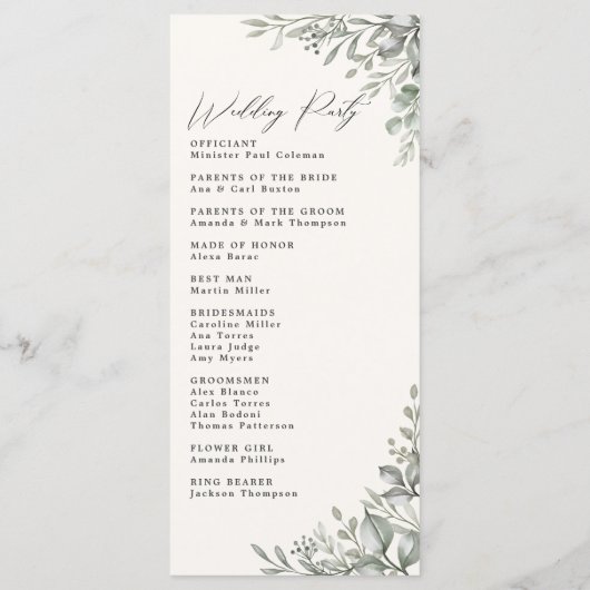 Botanisches Hochzeitsprogramm für Mutes Grünes Elf Programm (Rückseite)