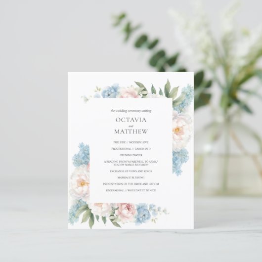 Botanisches Hochzeitsprogramm für sanft-blaue Blum (Stehend Vorderseite)