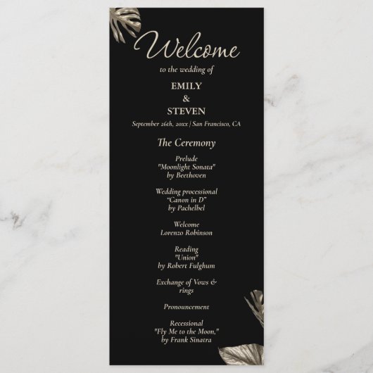 Botanisches Hochzeitsprogramm für Schwarz und Gold Programm (Vorderseite)