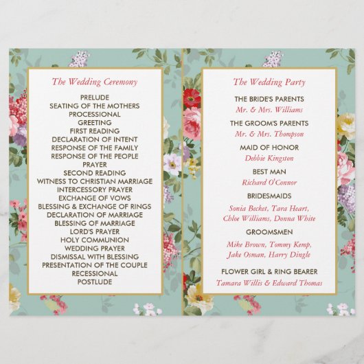 Botanisches Hochzeitsprogramm für Vintage Blumengä (Rückseite)