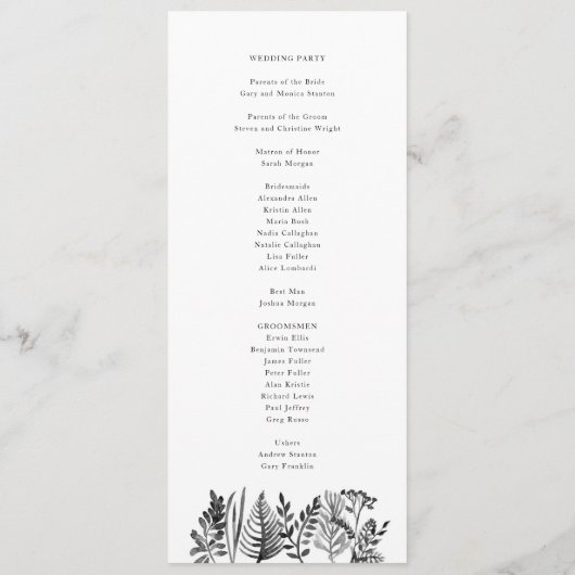 Botanisches Hochzeitsprogramm für Wasserfarben Programm (Rückseite)