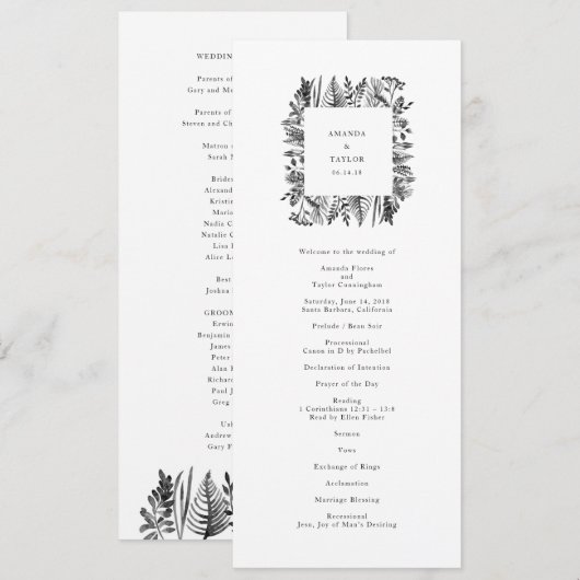 Botanisches Hochzeitsprogramm für Wasserfarben Programm (Vorne/Hinten)