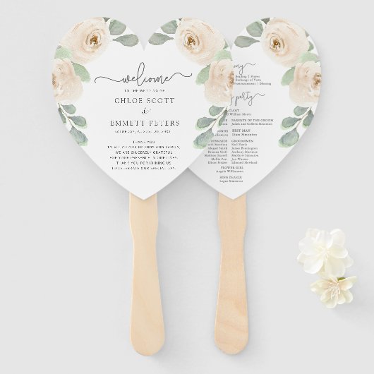 Botanisches Hochzeitsprogramm für Weißrosen Fächer (Vorne und Hinten)
