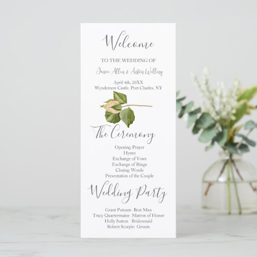 Botanisches Hochzeitsprogramm in Rosa (Stehend Vorderseite)