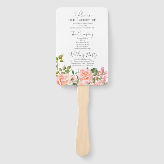 Botanisches Hochzeitsprogramm in Rosa Fächer (Vorderseite)