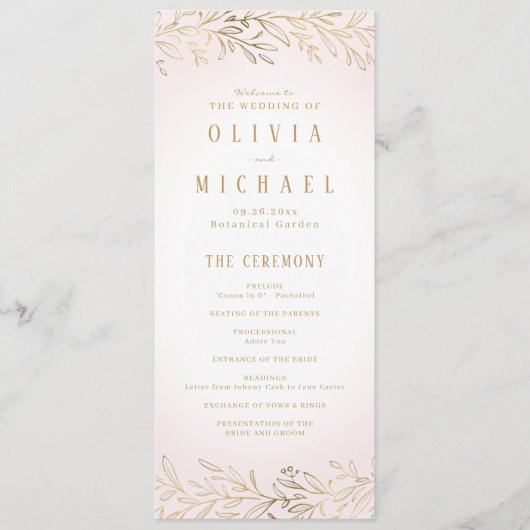 Botanisches Hochzeitsprogramm in Rosengold Menükarte (Vorderseite)